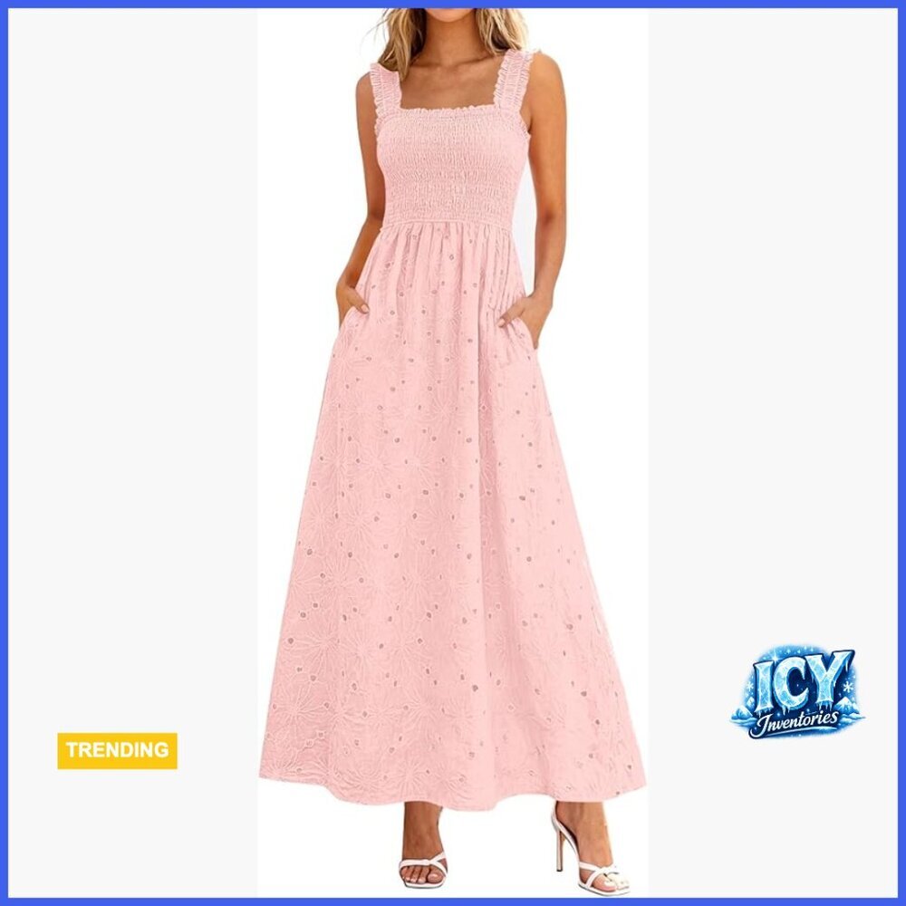 Cotton Lace Maxi Sundress with Smocked Waist and Pockets